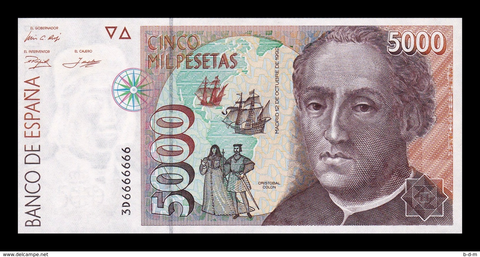 España 5000 Pesetas C. Colón 1992 Pick 165 Capicua Radar 6666666 SC UNC - [ 4] 1975-…: Juan Carlos I.