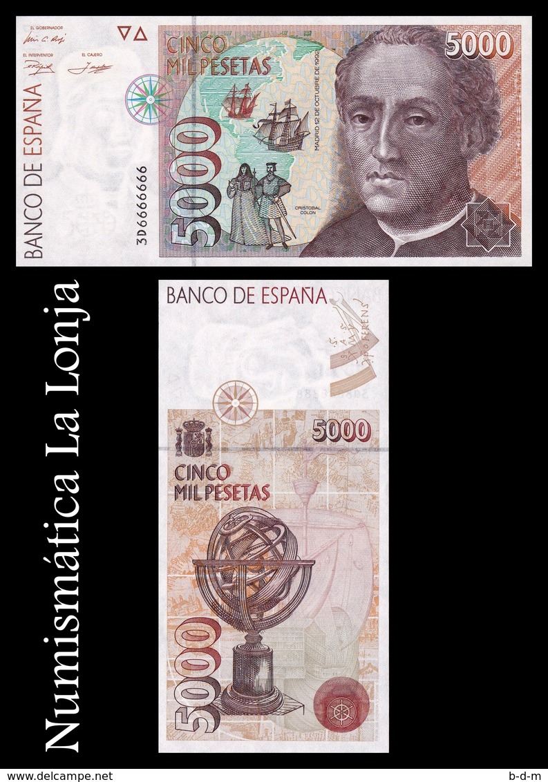 España 5000 Pesetas C. Colón 1992 Pick 165 Capicua Radar 6666666 SC UNC - [ 4] 1975-… : Juan Carlos I