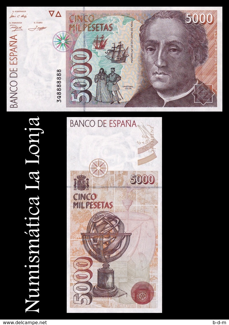 España 5000 Pesetas C. Colón 1992 Pick 165 Capicua Radar 8888888 SC UNC - [ 4] 1975-… : Juan Carlos I