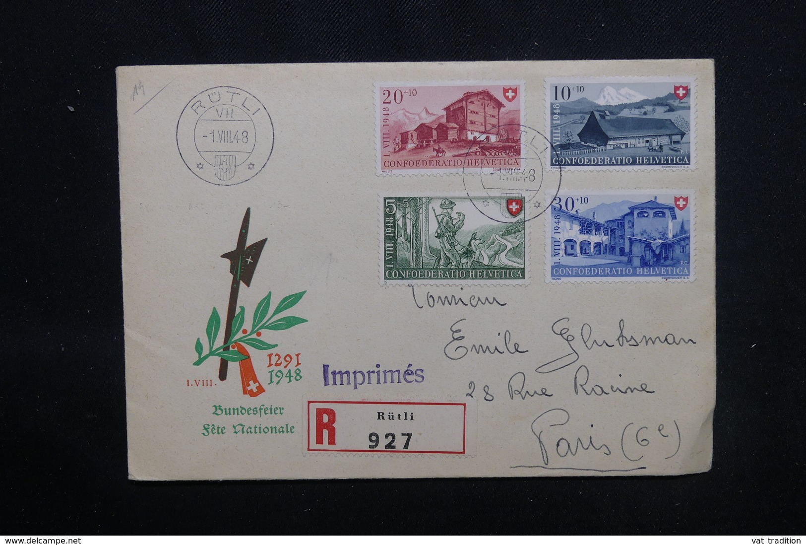 SUISSE - Enveloppe  En Recommandé De Rütli En 1948 Pour Paris, Affranchissement Plaisant - L 52880 - Postmark Collection