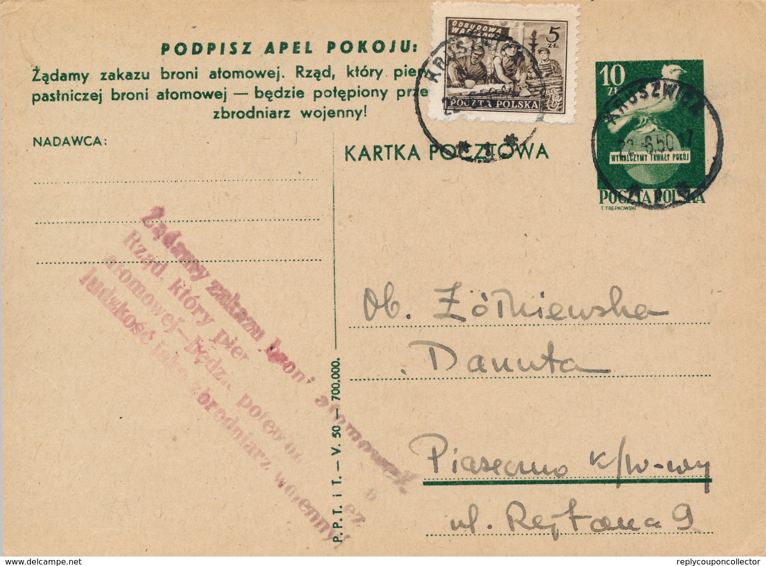 POLAND / POLEN / KRUSZWICA - 1950 , Für Den Weltffrieden - Zusatzstempel  Verbot Von Atomwaffen -  Kartka Nach Piaseczno - Entiers Postaux