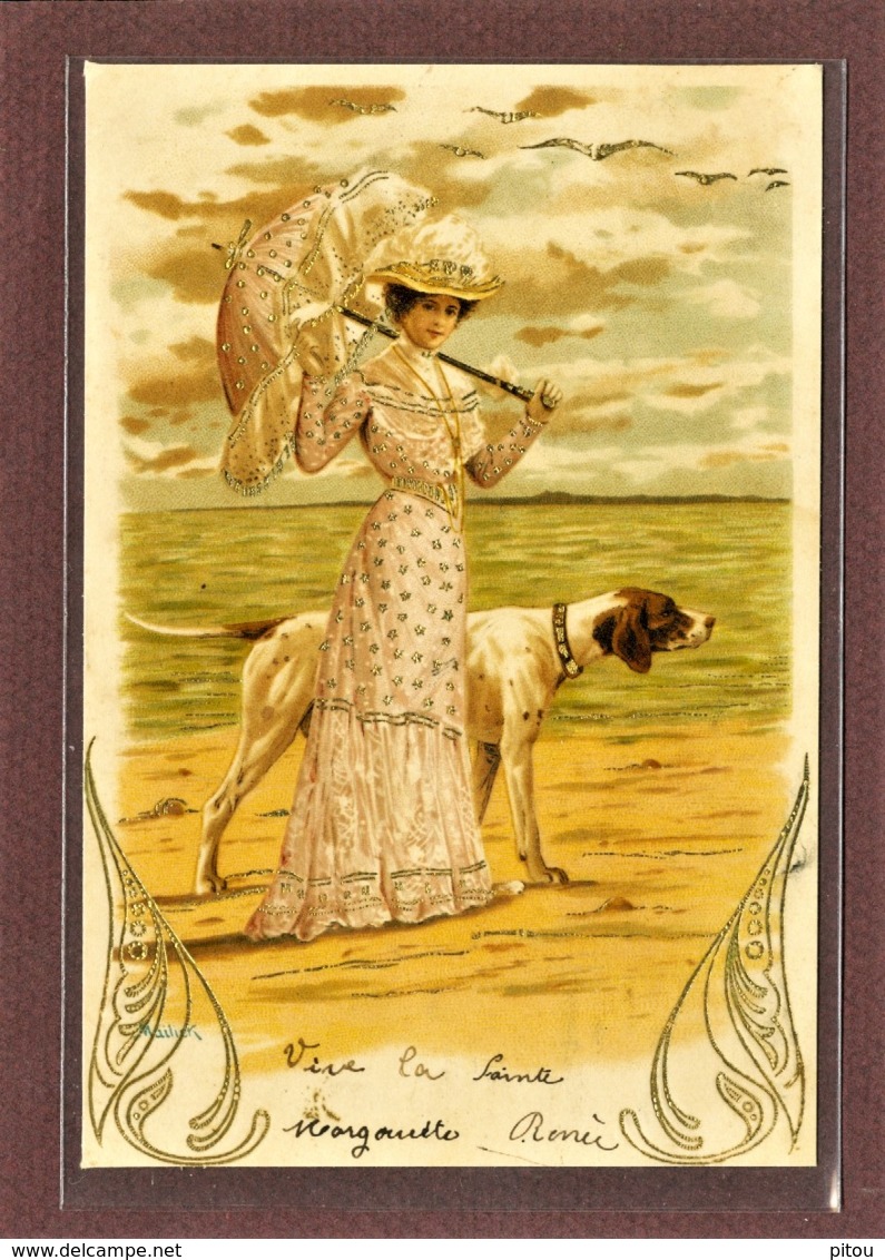 ILLUSTRATEUR - MAILICK - JEUNE FEMME A L'OMBRELLE SUR UNE PLAGE AVEC UN CHIEN - CARTE GAUFFREE - EDITION 1900 - Mailick, Alfred