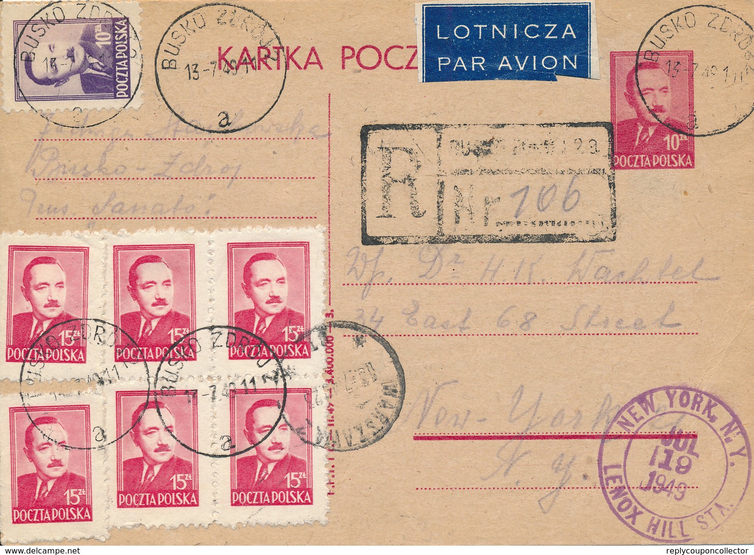 POLAND / POLEN / BUSKO ZDROJ   - 1949  ,  Kartka Pocztowa Per  Luftpost /  Registered Mail  Nach New York / USA - Ganzsachen