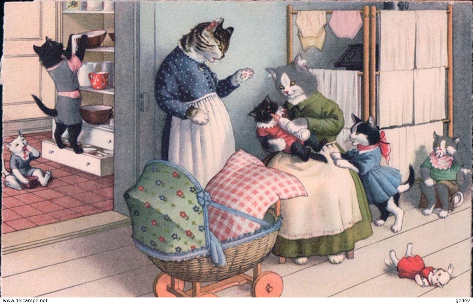 Chats Habillés, Vie De Famille, Litho (Künzli 4731) - Katten