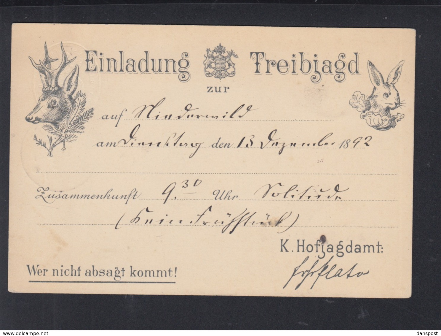 Württemberg Kgl. Angelegenheit Treibjagd 1892 - Other & Unclassified