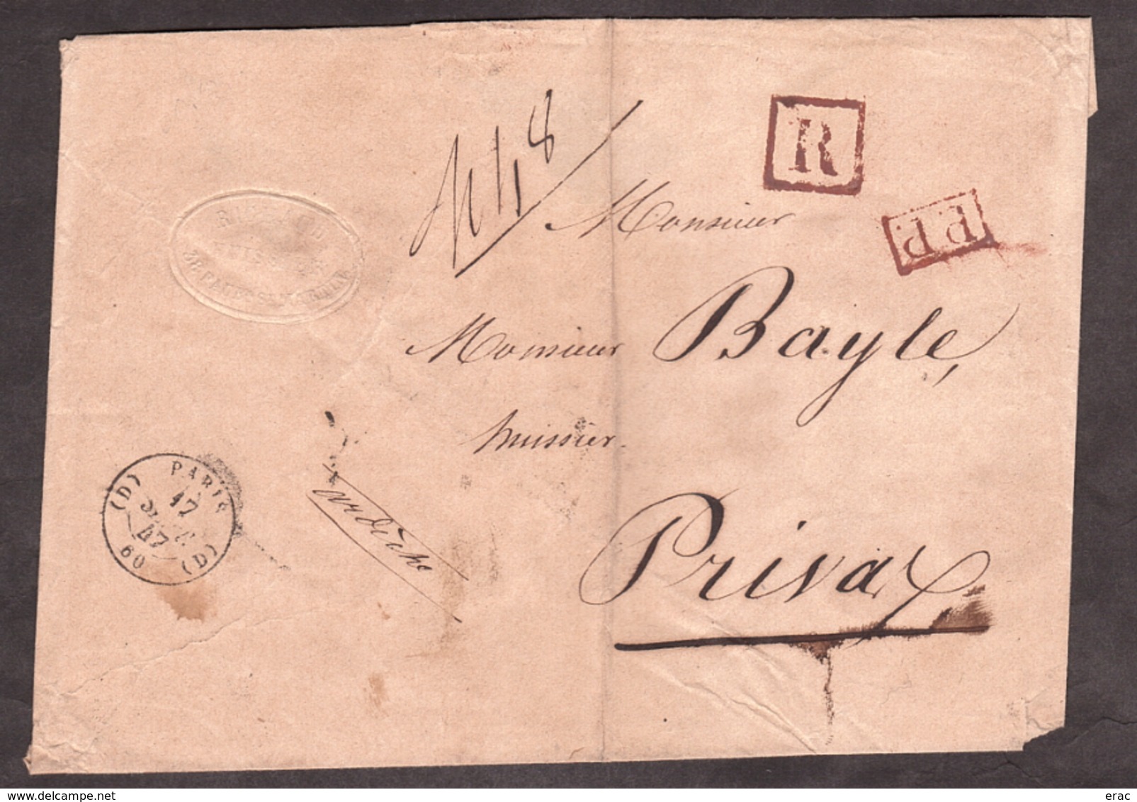 LSC - 17 Sept 1847 - Paris (noir, Bureau D) Pour Privas (Ardèche) - Port Payé (PP Rouge) Et Recommandé R (rouge) - Cire - 1801-1848: Vorläufer XIX