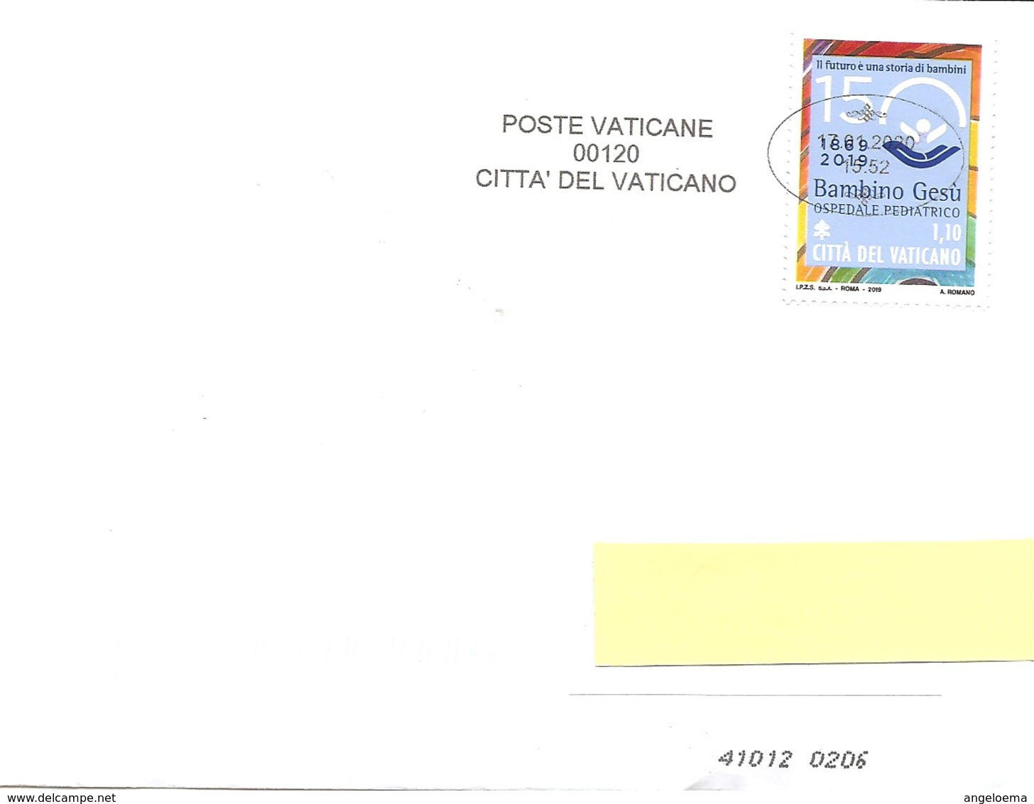 VATICANO - 2020 Lettera Con Francobollo Singolo 2019 OSPEDALE BAMBIN GESU' Con Annullo Con Datario Ovale - 1885 - Storia Postale