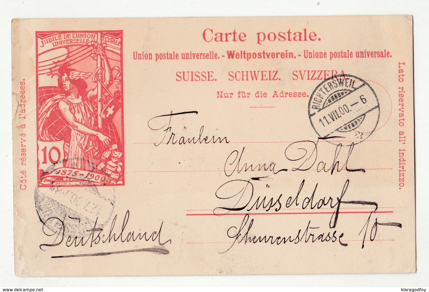 Switzerland 10c UPU Illustrated Postal Stationery Postcard Posted 1900 To Germany B200210 - Entiers Postaux