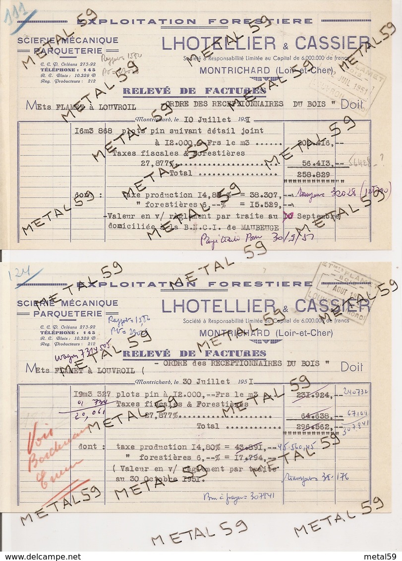 Exploitation Forestière, Scierie Mécanique Lhotellier & Cassier à Montrichard, 1951, (lot De 3 Factures) - 1950 - ...