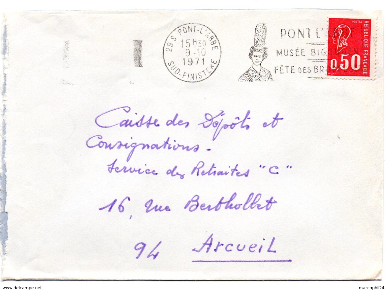 FINISTERE  - Dépt N° 29 = PONT L' ABBE 1971 = Flamme Codée = SECAP Illustrée D'une COIFFE ' Musée BIGOUDEN / FETE ' - Mechanical Postmarks (Advertisement)