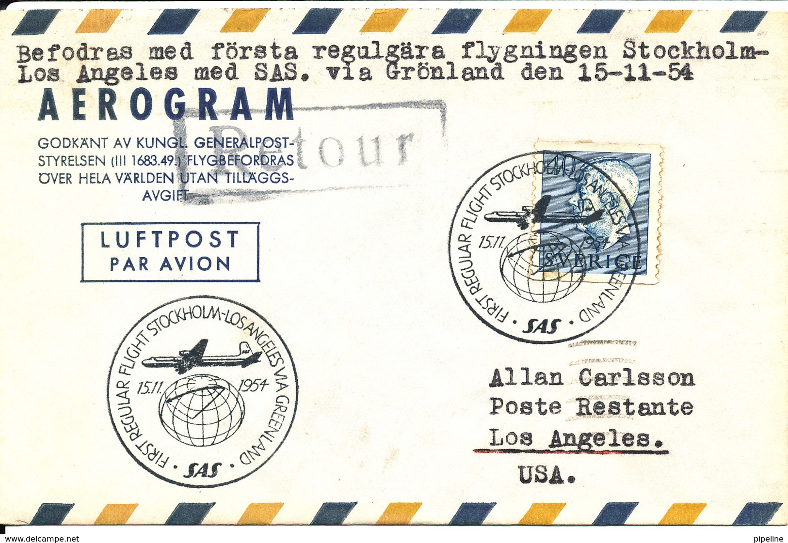 Sweden Aerogramme First SAS DC-6B Flight Stockholm - Los Angeles Via Greenland 15-11-1954 - Covers & Documents