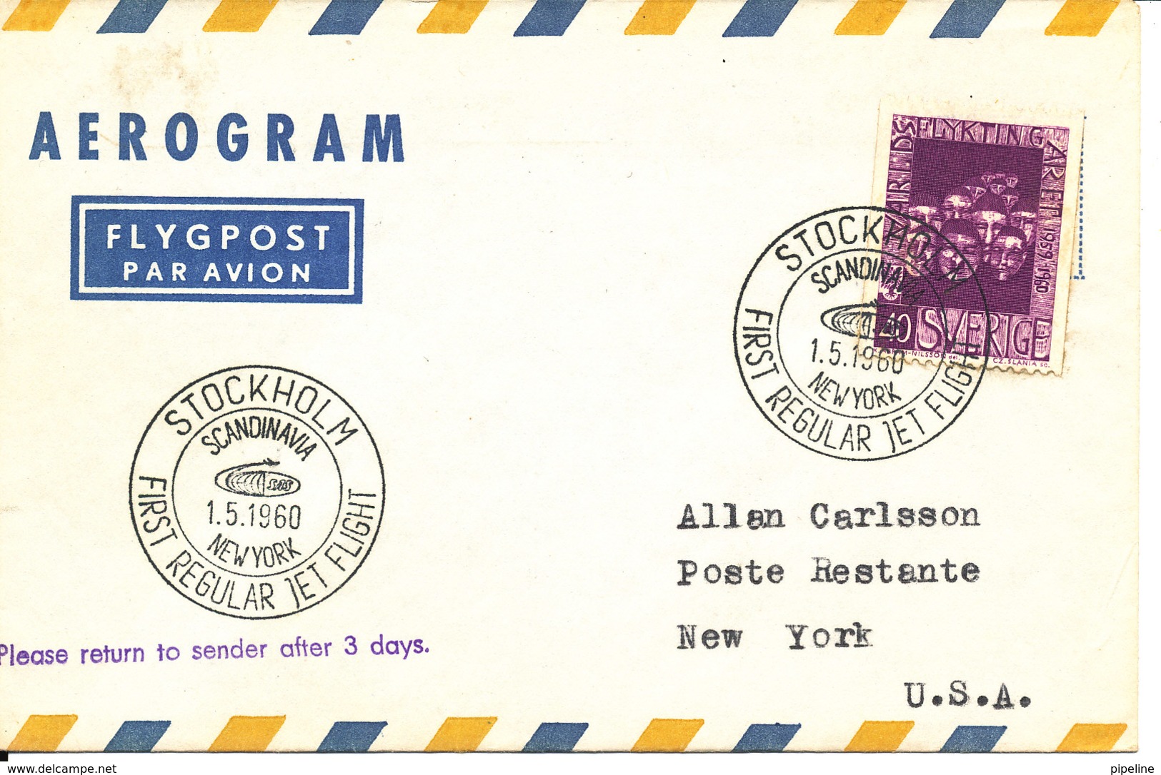 Sweden Aerogramme First SAS DC-8 Flight Stockholm - New York 1-5-1960 - Covers & Documents