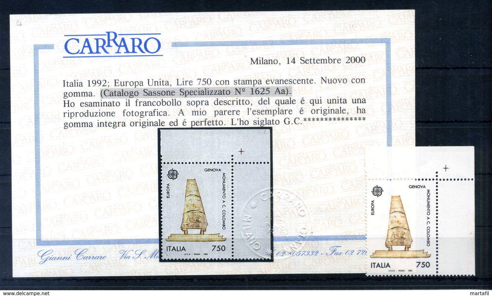 1992 Rep. It. VARIETA' CERTIFICATO Stampa Evanescente (SS. N.1993 / SS Spec. N.1625aa) - Varietà E Curiosità