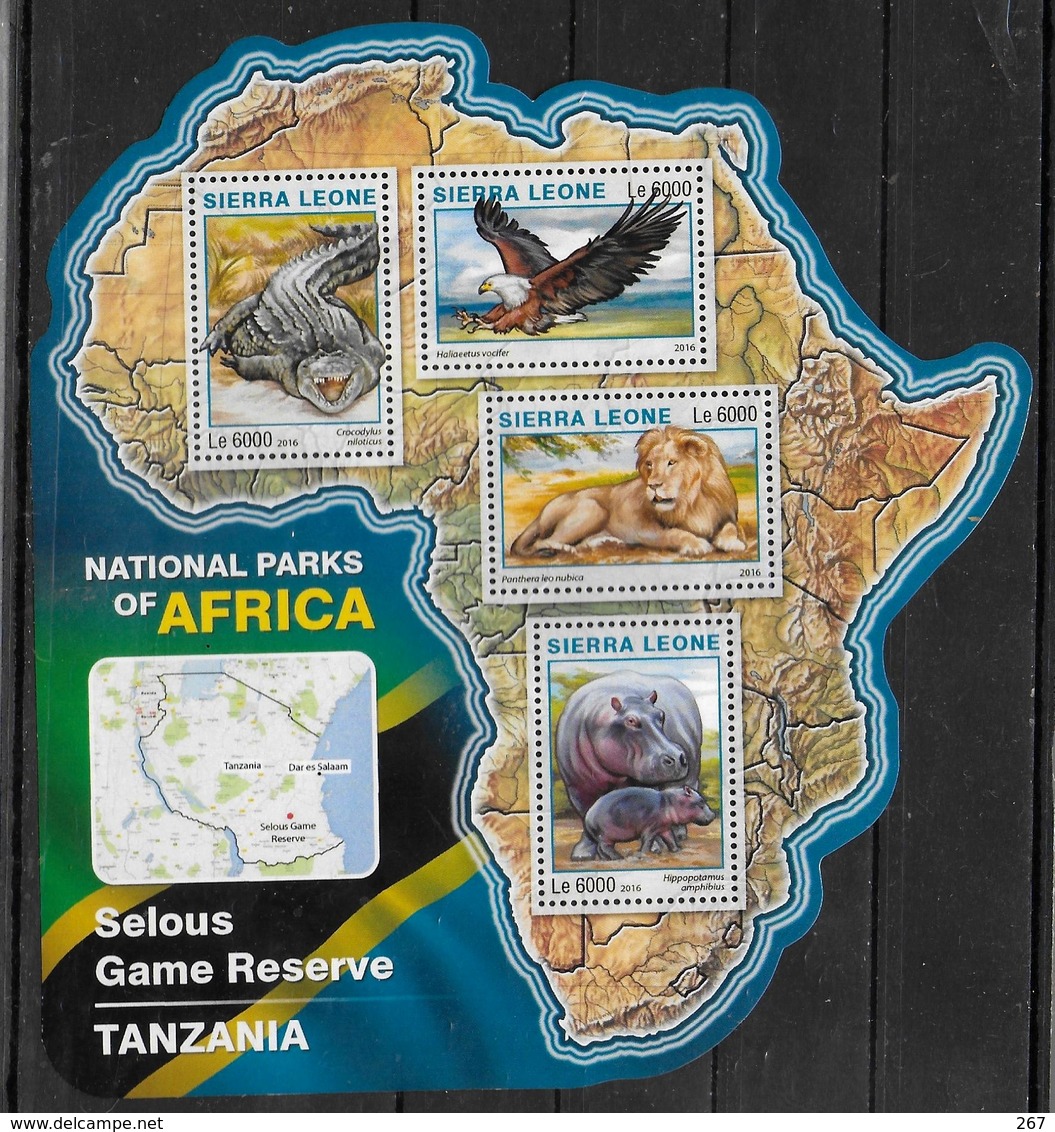 SIERRA LEONE  Feuillet  N° 5977/80  * *  ( Cote 20e )  Parc Tanzanie Oiseaux Aigle Crocodile Lion Hippopotame - Arends & Roofvogels