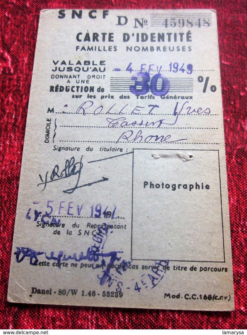 1949-TASSIN-LYON-CARTE ABONNEMENT RÉDUCTION S.N.C.F 30% Titre Transport-Ticket Plusieurs Voyages Chemins De Fer-RAILWAY - Europa