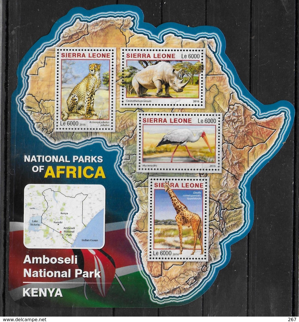 SIERRA LEONE Feuillet N° 6041/44 * *  ( Cote 20e )  Parc Kenya Rhinoceros Girafe Guepard Tantale Ibis Oiseaux - Giraffes