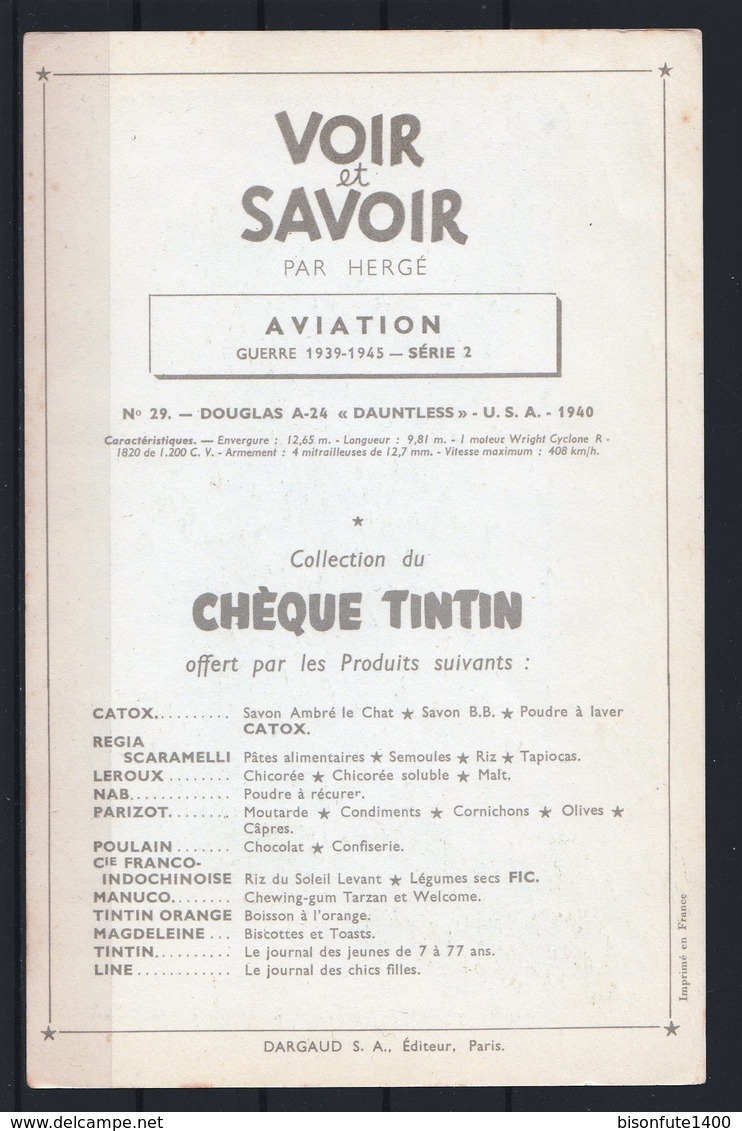 Tintin : Chromo " Voir Et Savoir " Par Hergé : Aviation Guerre 1939-1945 : N° 29 Editions DARGAUD. - Autres & Non Classés