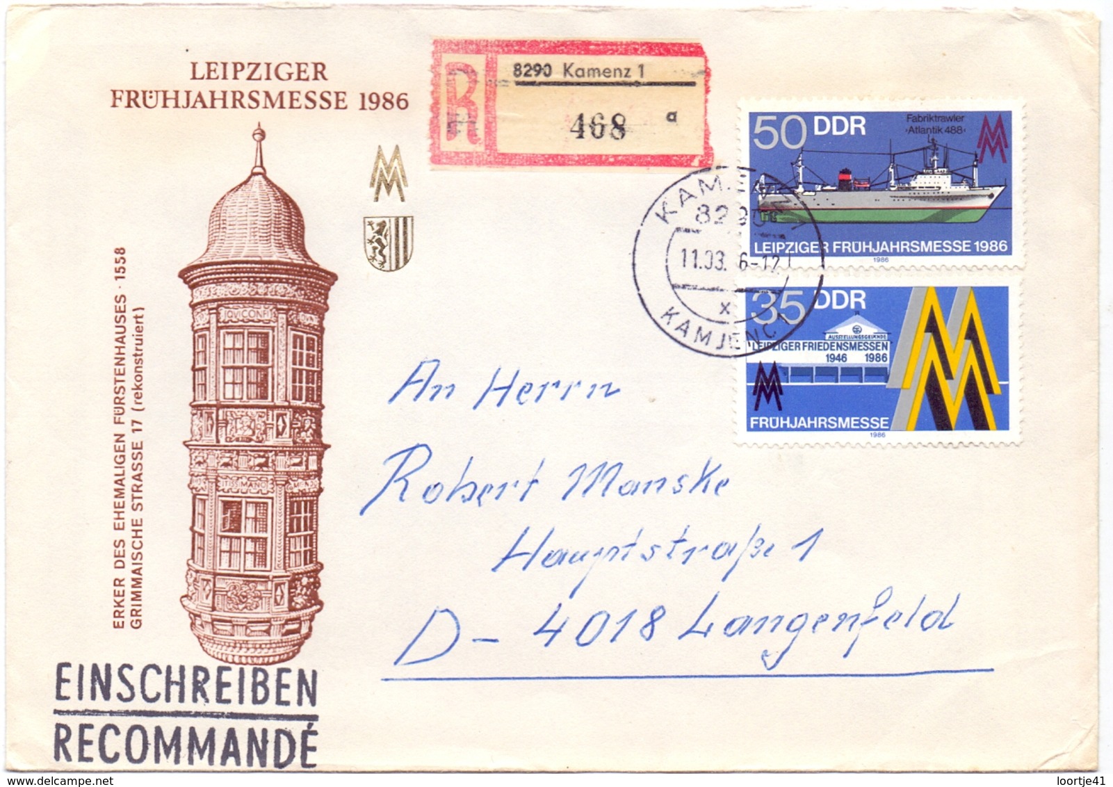 Omslag Enveloppe Umschlag Einschreiben - Leipziger Fruhjahrsmesse 1986 - Kamenz - DDR - Covers - Used
