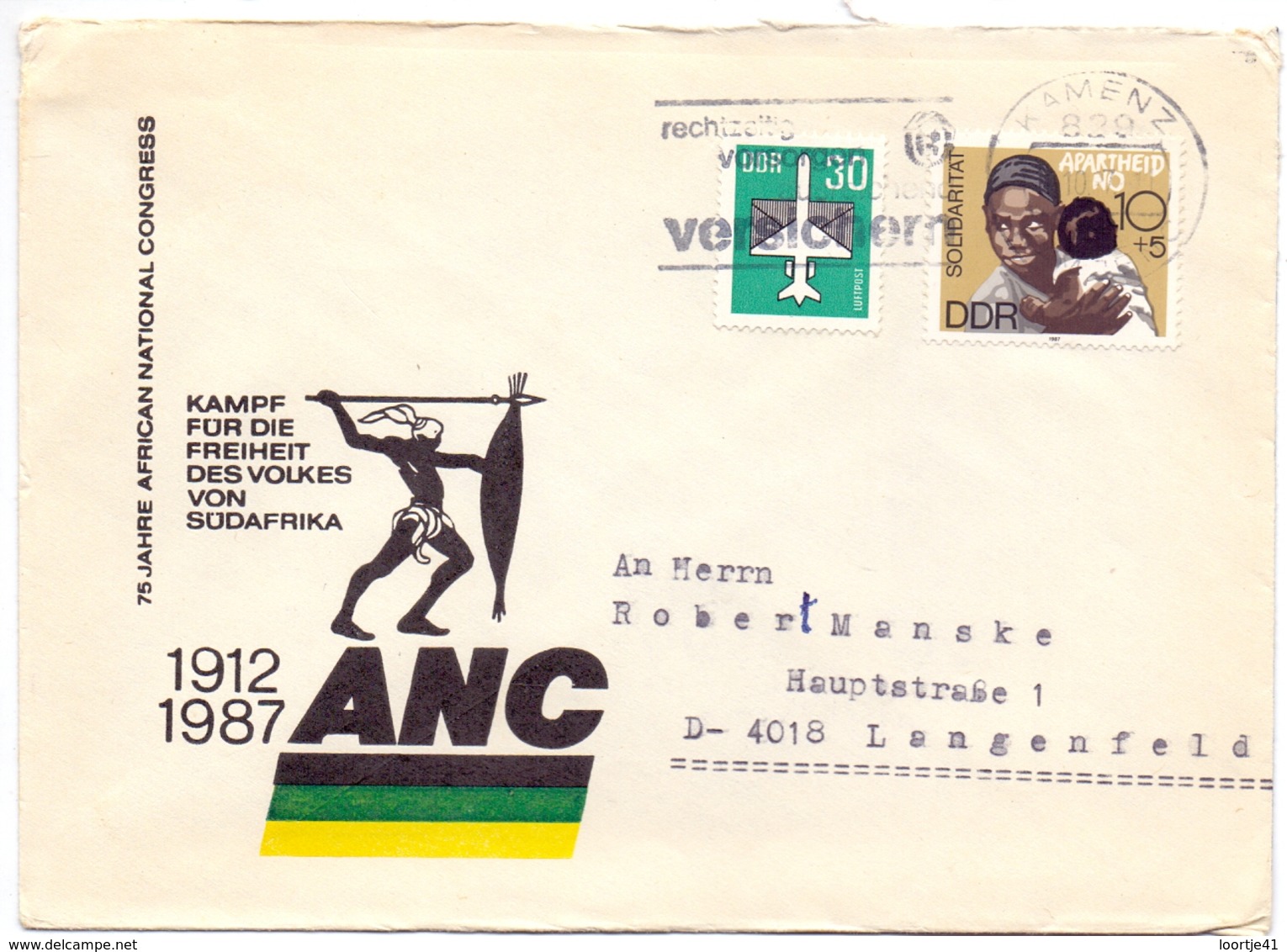 Omslag Enveloppe Umschlag - 75 Jahre ANC , Südafrika 1912 - 1987 - Kamenz - DDR - Covers - Used