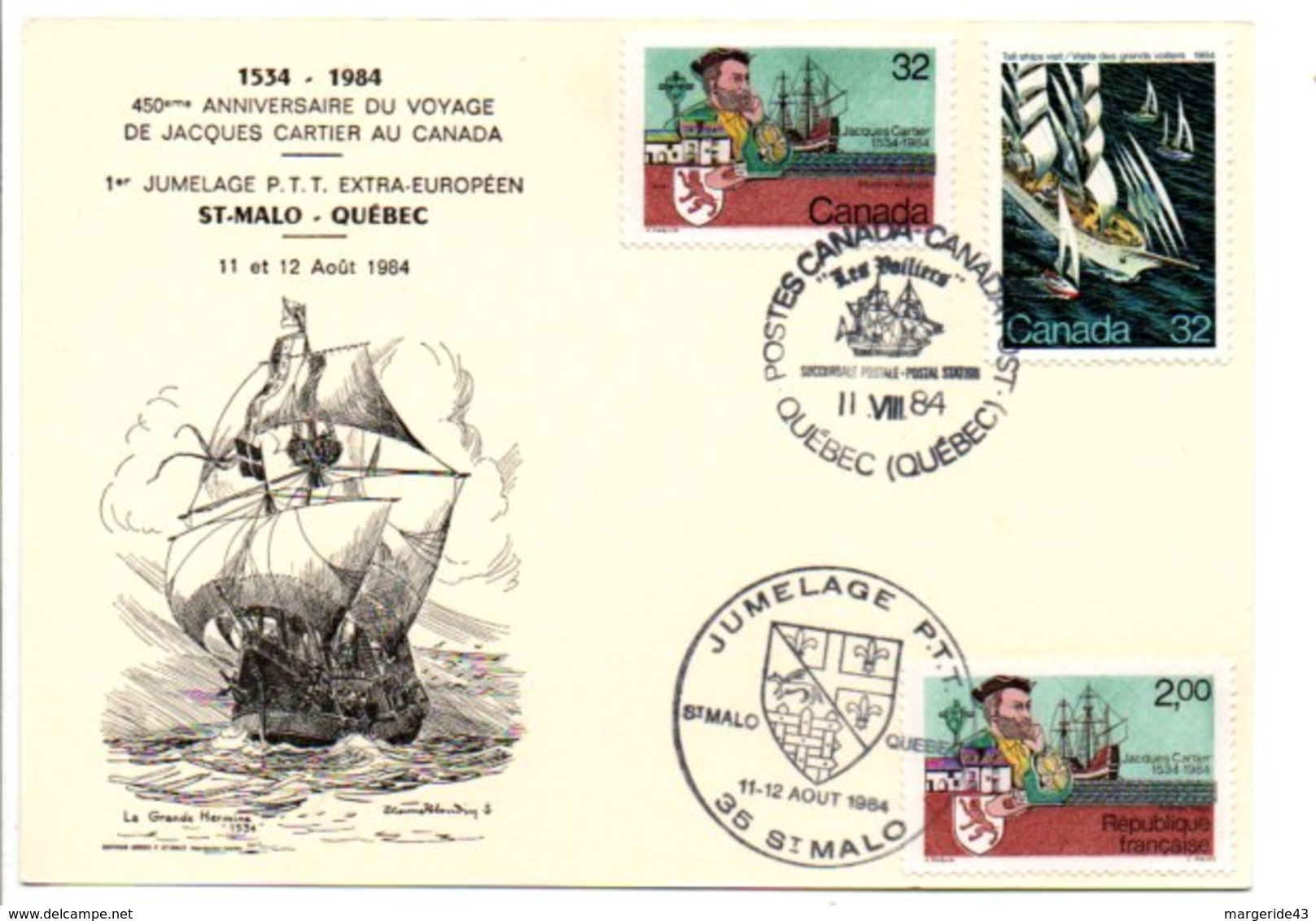 JUMELAGE PTT SAINT MALO-QUEBEC 1984 - Gedenkstempel