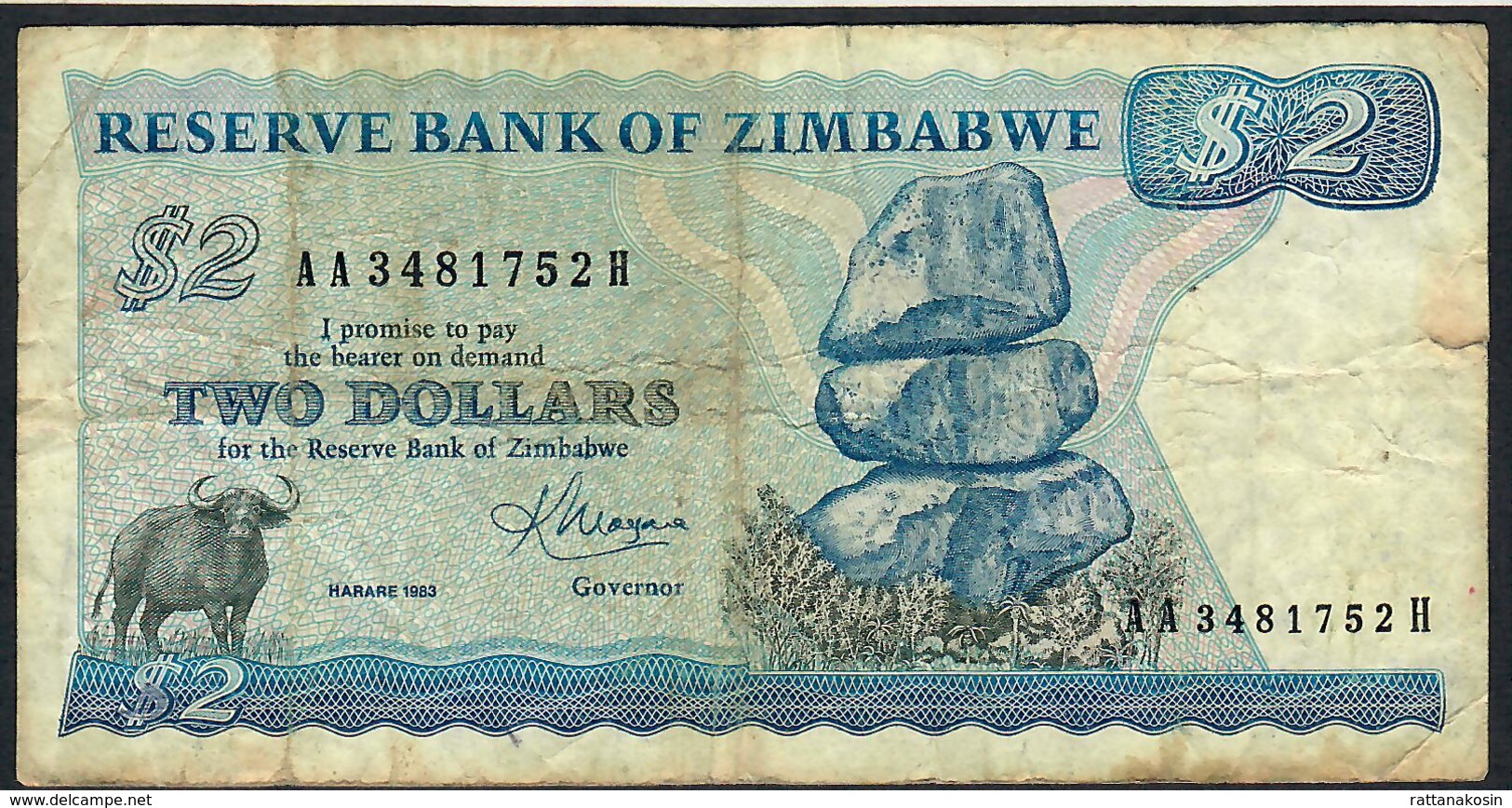 ZIMBABWE P1b 2 DOLLARS 1983  #AA/H Signature 2 FINE FOLDS NO P.h. - Zimbabwe