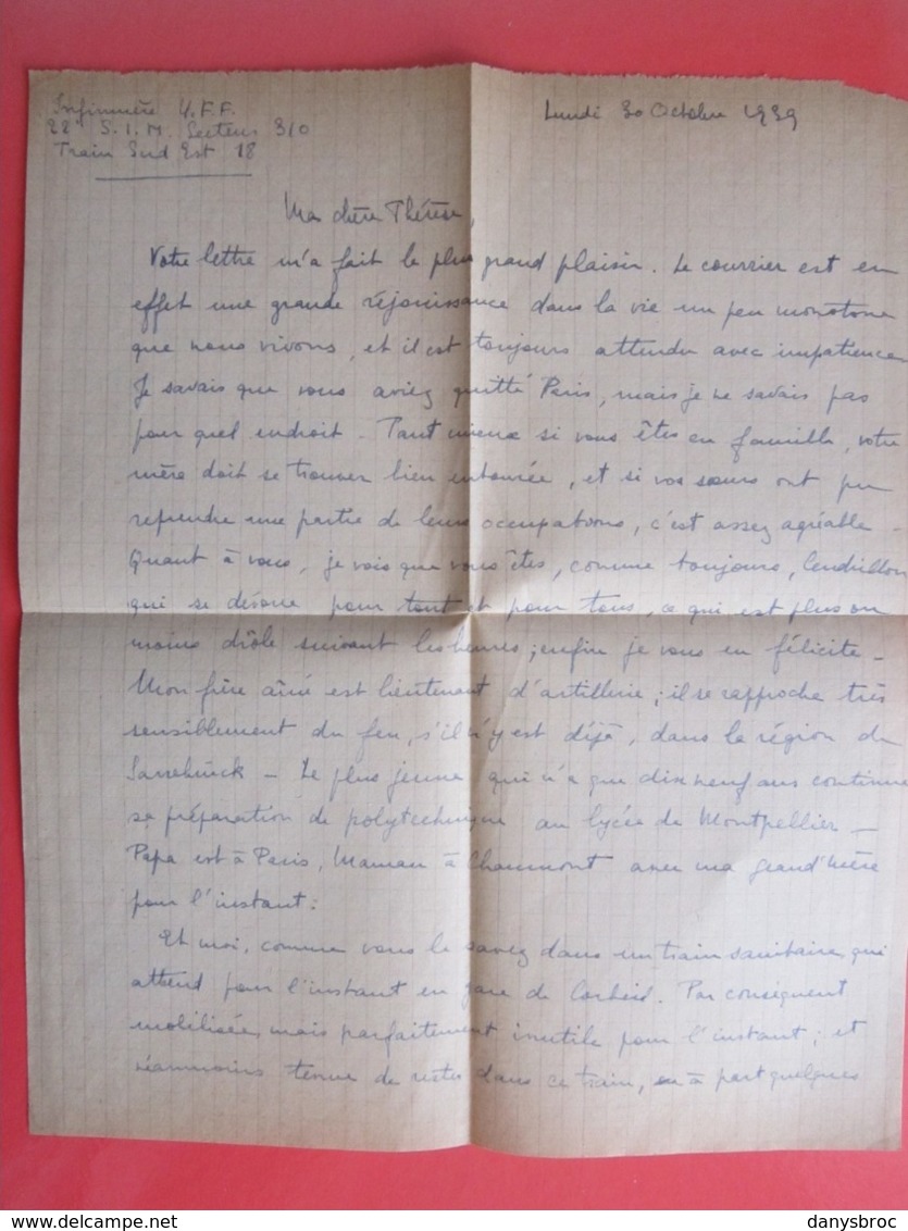 Thérèse ROSTAND - Lettre Infirmière U.F.F 22 SIM Secteur 310, Cachet Train Sanitaire Sud Est 22 SIM Oblitérée 30/10/1939 - Historische Dokumente