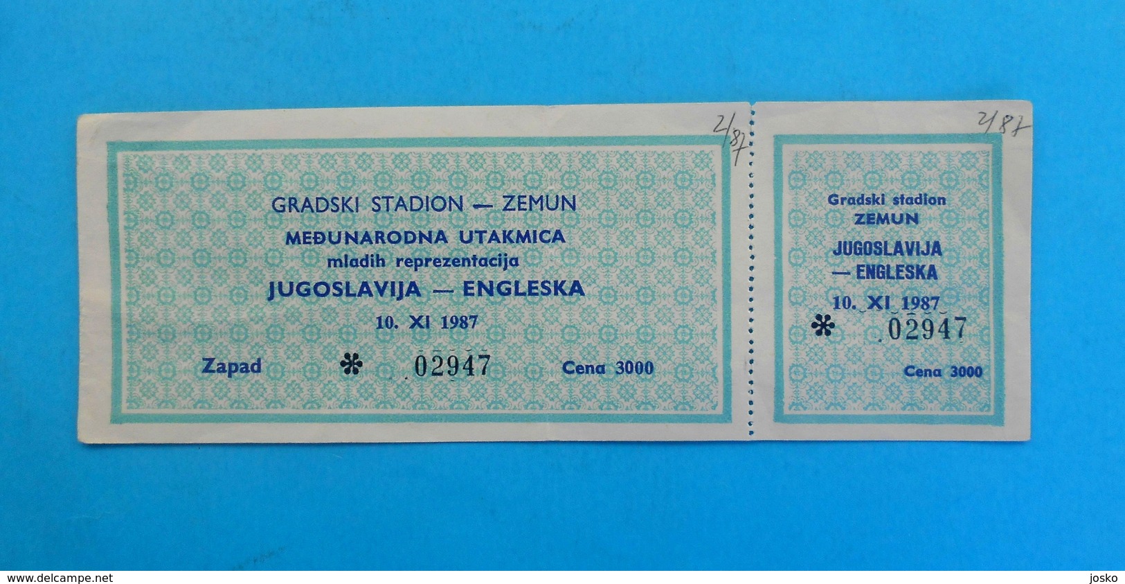 YUGOSLAVIAvs ENGLAND - 1987. Youth Teams Football Match Ticket * Soccer Fussball Calcio Futbol Futebol Foot British RR - Tickets D'entrée