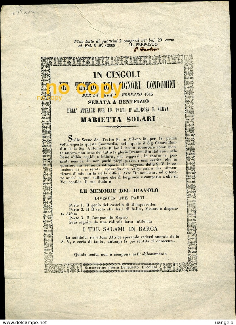 282 MANIFESTO 1846 - IN CINGOLI NEL TEATRO DEI SIGNORI CONDOMINI SERATA A BENEFIZIO DELL'ATTRICE MARIETTA SOLARI - Posters