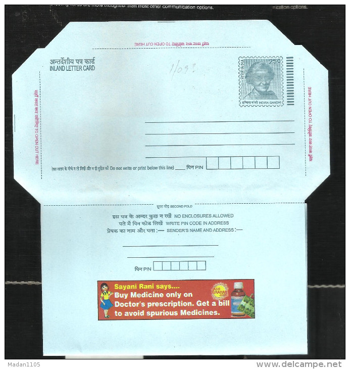 INDIA, 2009, Postal Stationery, Inland Letter, Indira Gandhi, Consumer Medical Awareness, English, ISP, Mint - Inland Letter Cards