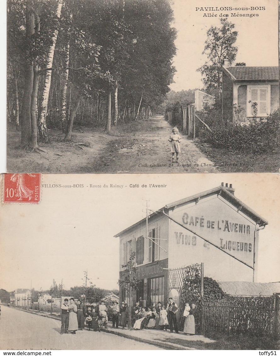 2 CPA:PAVILLONS SOUS BOIS (93) PETITE FILLE ALLÉE DES MÉSANGES,PERSONNES DEVANT LE CAFÉ DE L'AVENIR..ÉCRITES - Autres & Non Classés