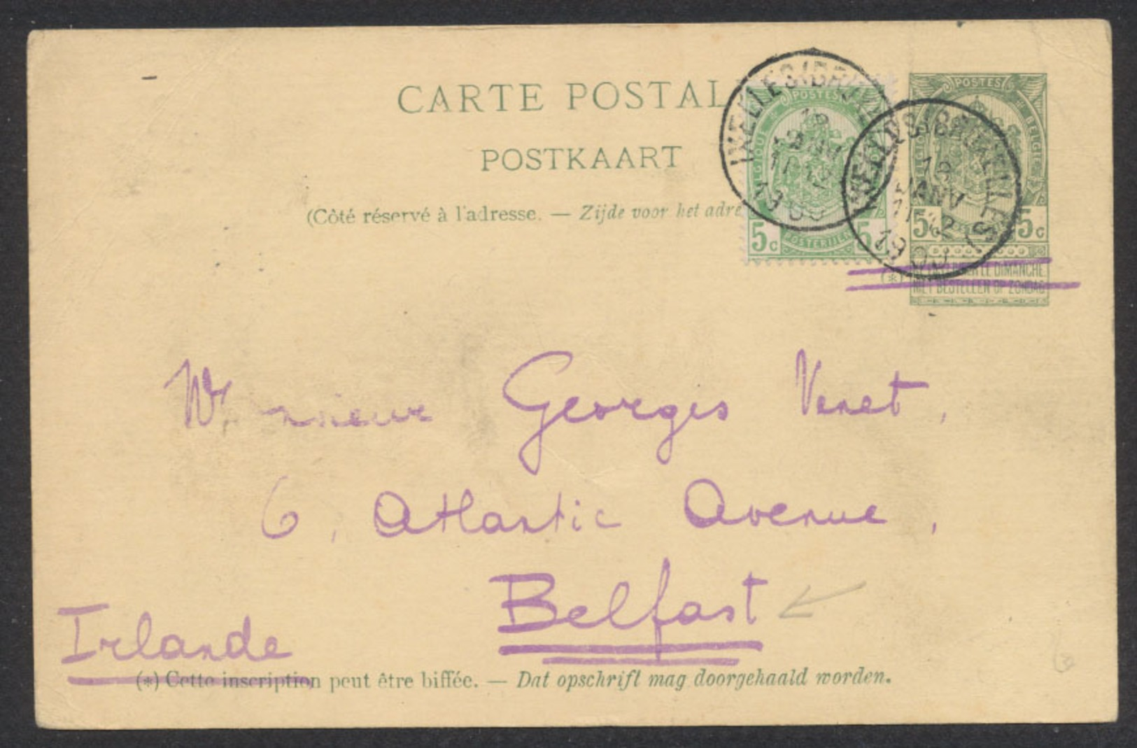 EP Au Type 5ctm Vert + N°56 Obl Simple Cercle "Ixelles (Bruxelles)" Vers Belfast (Irlande) - Postcards 1871-1909