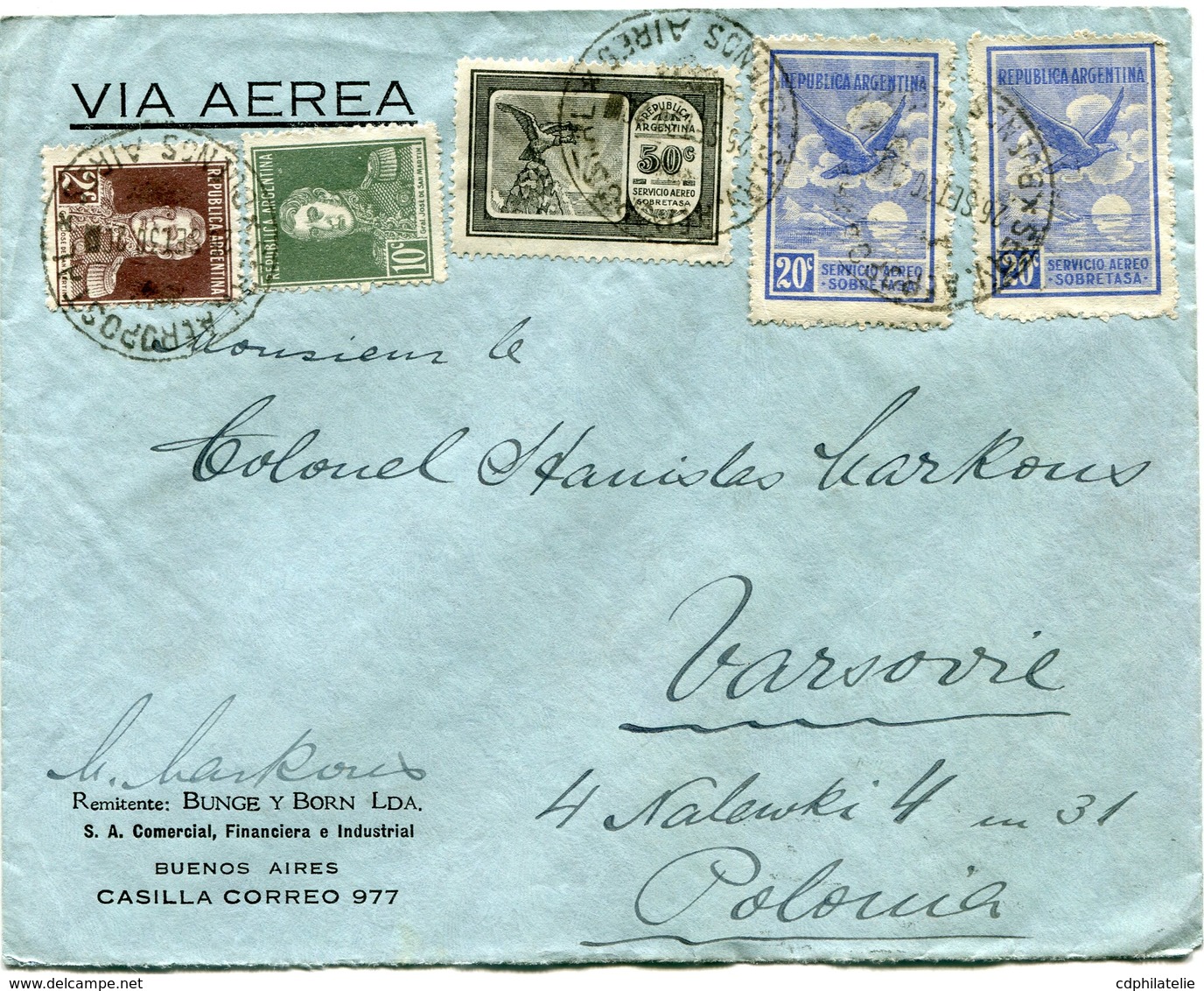 ARGENTINE LETTRE VIA AEREA DEPART BUENOS AIRES 26 SET 30 POUR LA POLOGNE - Poste Aérienne