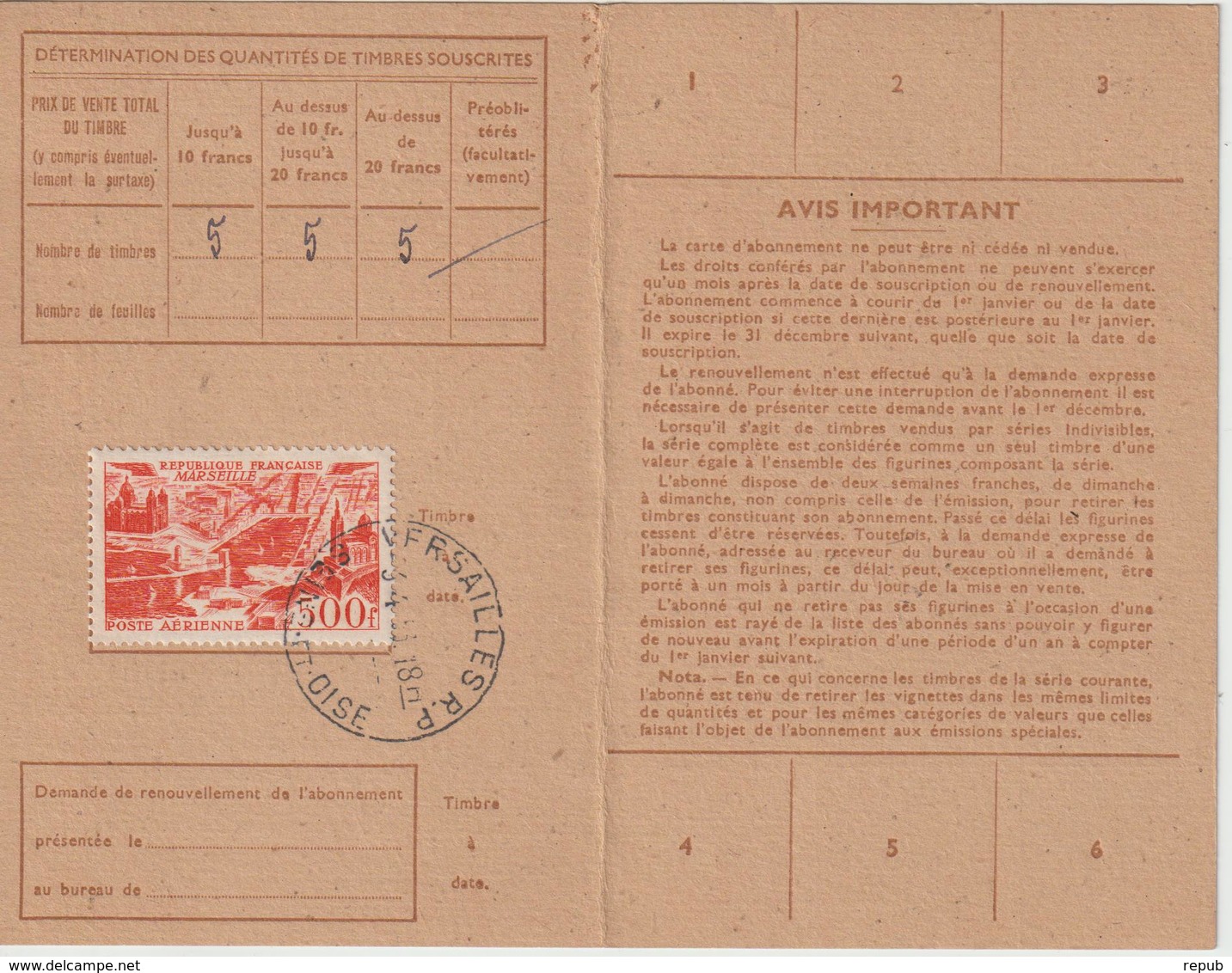 Carte Abonnement 1953 Versailles RP Cachet Horoplan - 1921-1960: Période Moderne