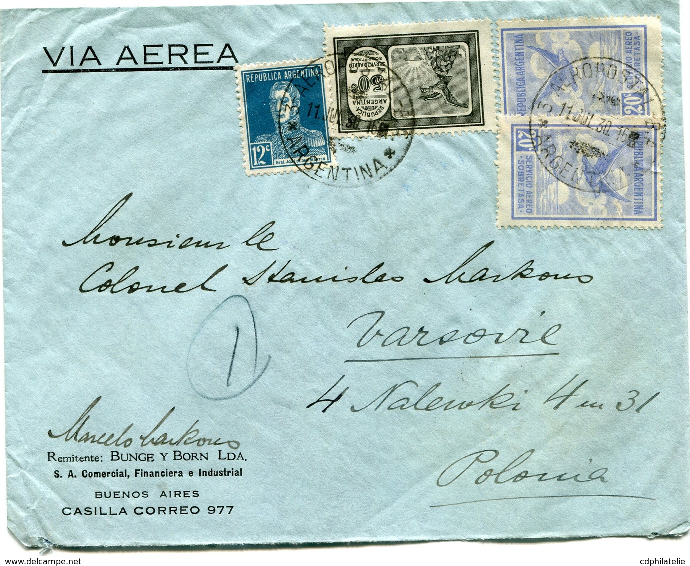 ARGENTINE LETTRE VIA AEREA DEPART AEROPOSTAL 11 JUL 30 ARGENTINA POUR LA POLOGNE - Poste Aérienne