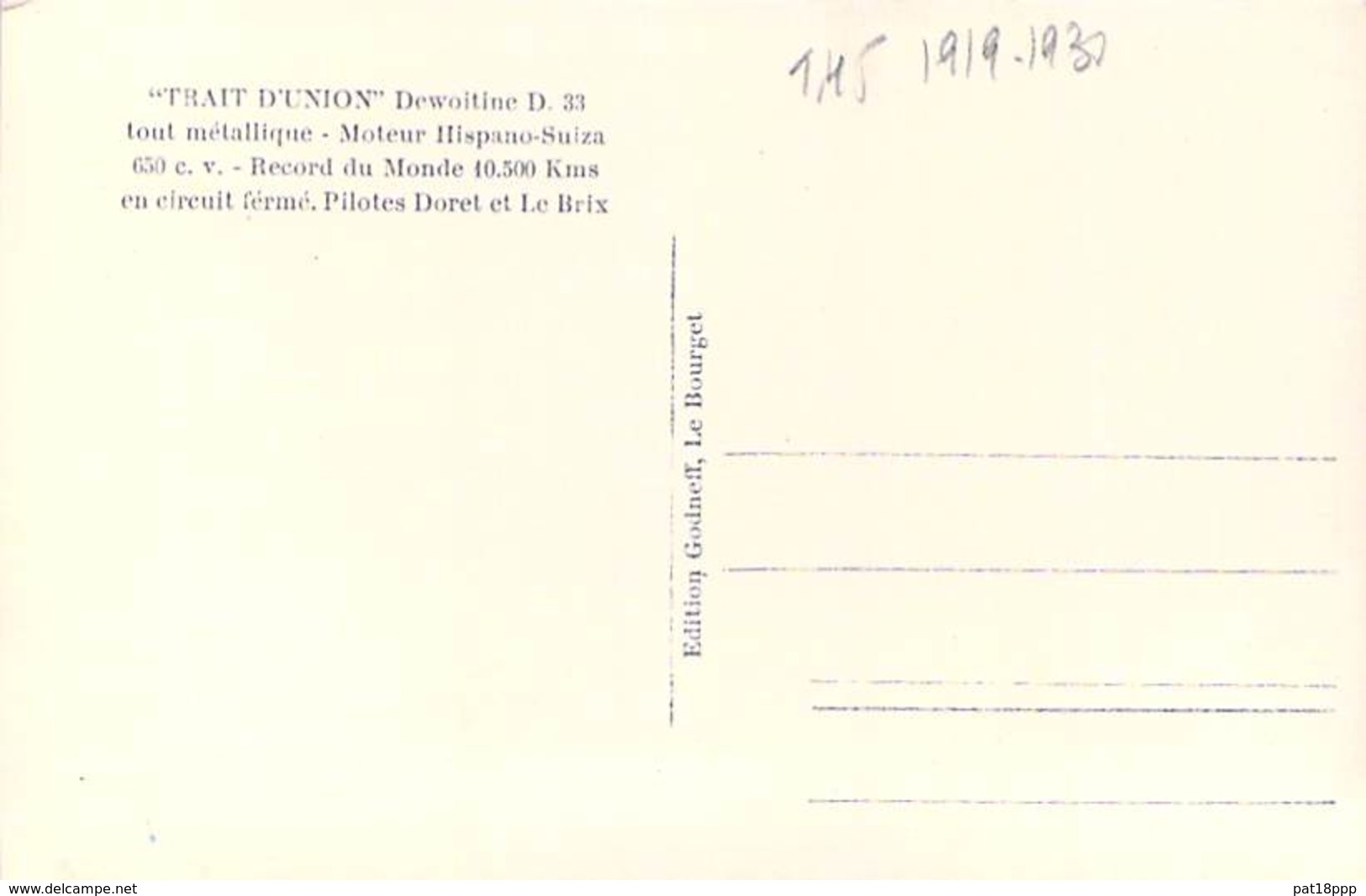 AVIATION Avion MILITARIA (entre 2 Guerres 1919-38) " TRAIT D'UNION " Dewoitine D 33 - Pilotes DORET / LE BRIX - CPSM PF - 1919-1938: Entre Guerres
