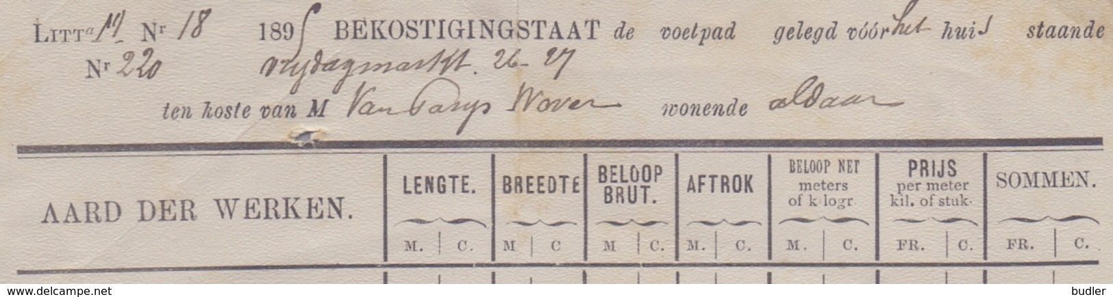 1895: Stad GENT :  ## Bekostigingstaat Voor Het Voetpad Vrijdagmarkt,26-27, ## Aan ## Mr. VAN PARIJS-WOVER ## - 1800 – 1899