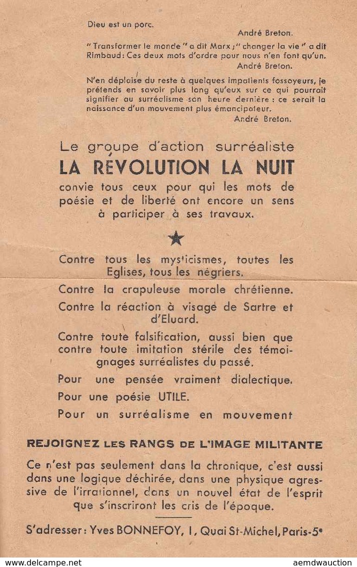 LA RÉVOLUTION LA NUIT - Tract Du Groupe D'action Surréa - Non Classés