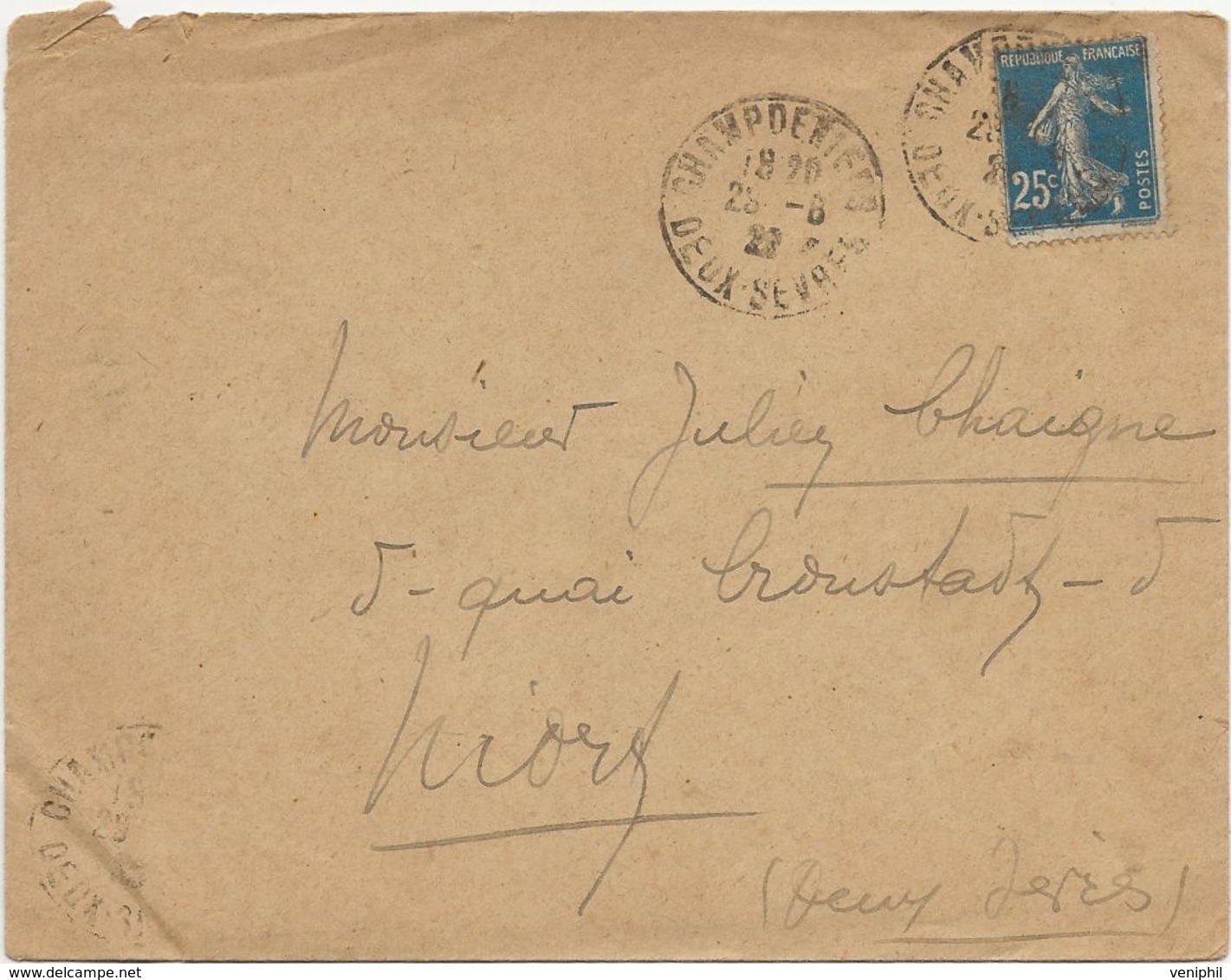 LETTRE AFFRANCHIE N° 140 A SEMEUSE 25 C BLEU FONCE-CAD CHAMPDENIERS -DEUX SEVRES -1923 - 1877-1920: Semi Modern Period