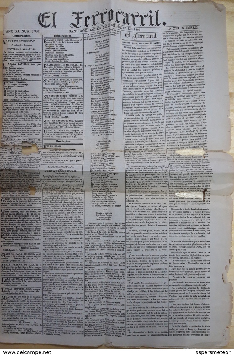 "EL FERROCARRIL" DIARIO FORMATO PEQUEÑO, AÑO XI NUM 3387. FECHA 12 / 11 / 1866 SANTIAGO, CHILE. NEWSPAPER JOURNAL -LILHU - [1] Jusqu' à 1980