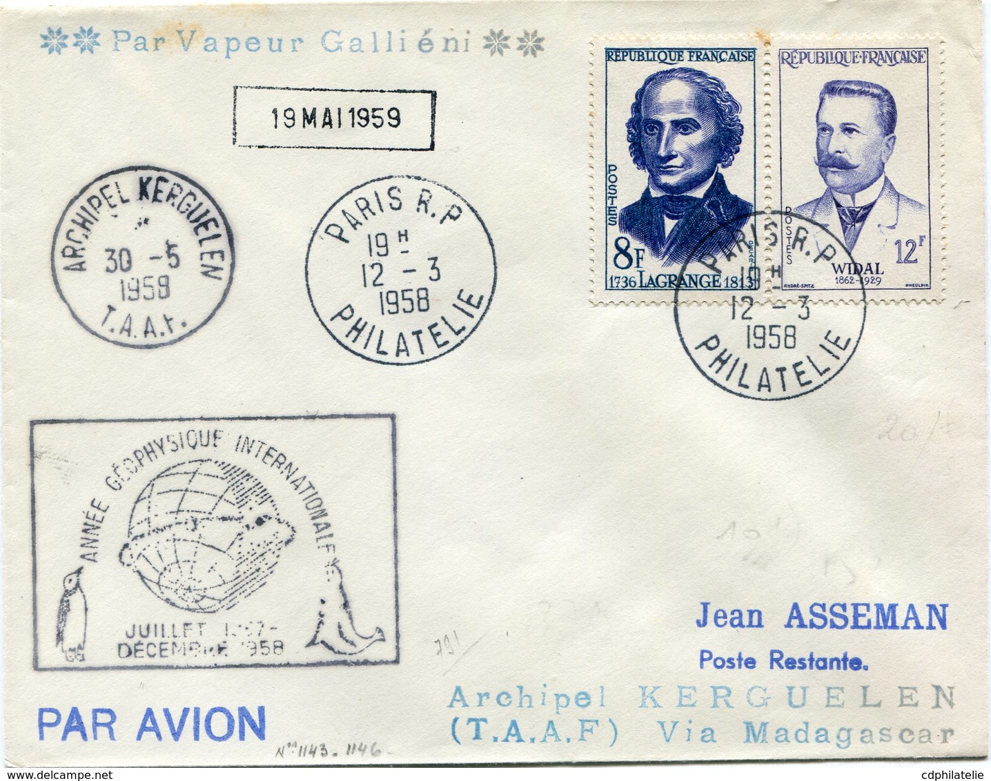 FRANCE / T.A.A.F. LETTRE AVEC CACHET ** PAR VAPEUR GALLIENI ** DEPART PARIS 12-3-1958 PHILATELIE POUR ARCHIPEL KERGUELEN - Brieven En Documenten