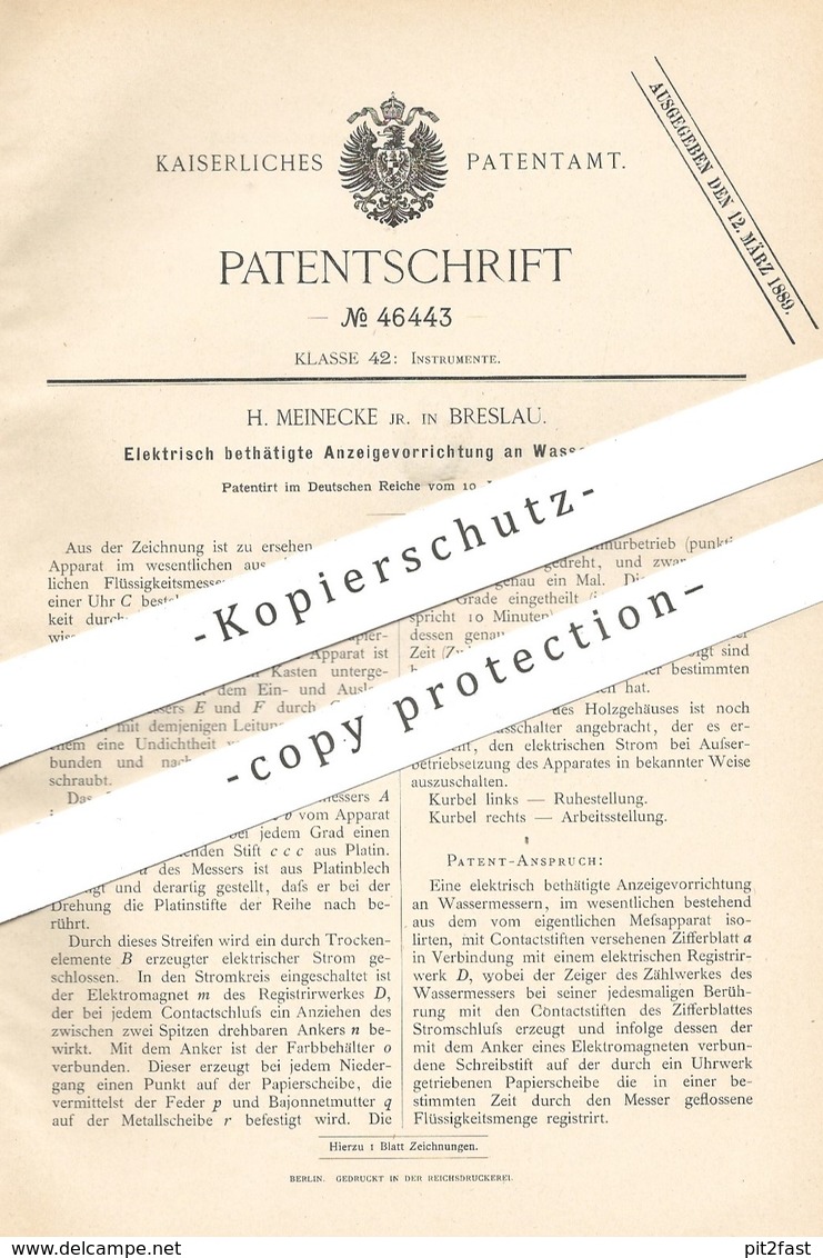 Original Patent - H. Meinecke , Breslau , 1888 , Elektrische Anzeige An Wassermesser | Flüssigkeitsmesser !! - Historische Dokumente