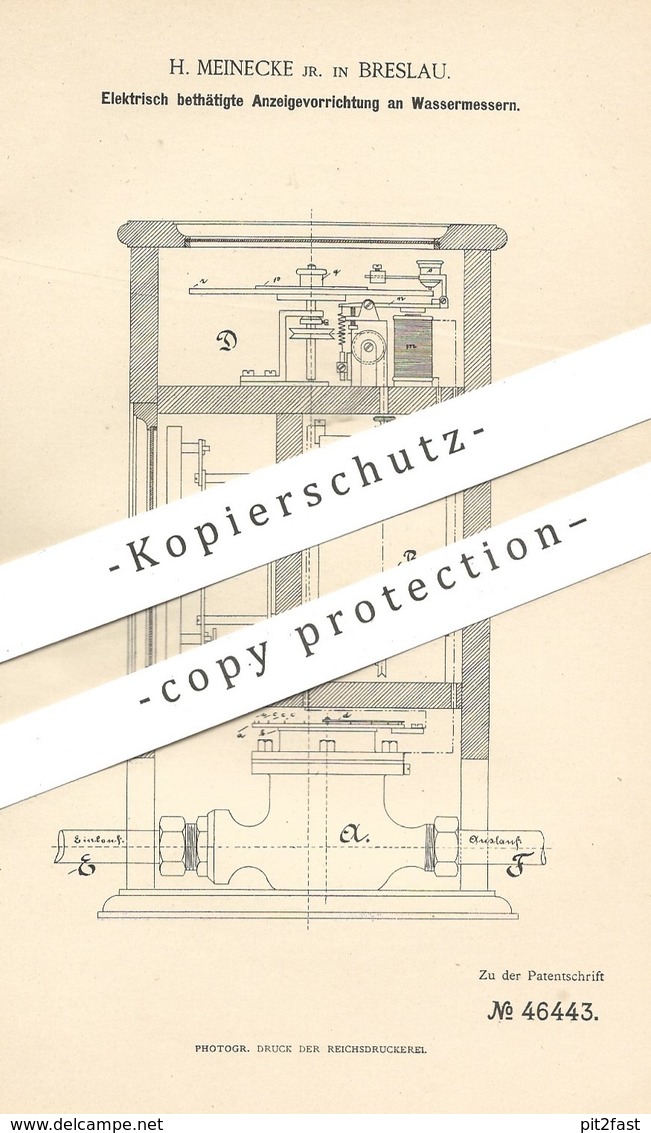 Original Patent - H. Meinecke , Breslau , 1888 , Elektrische Anzeige An Wassermesser | Flüssigkeitsmesser !! - Historische Dokumente