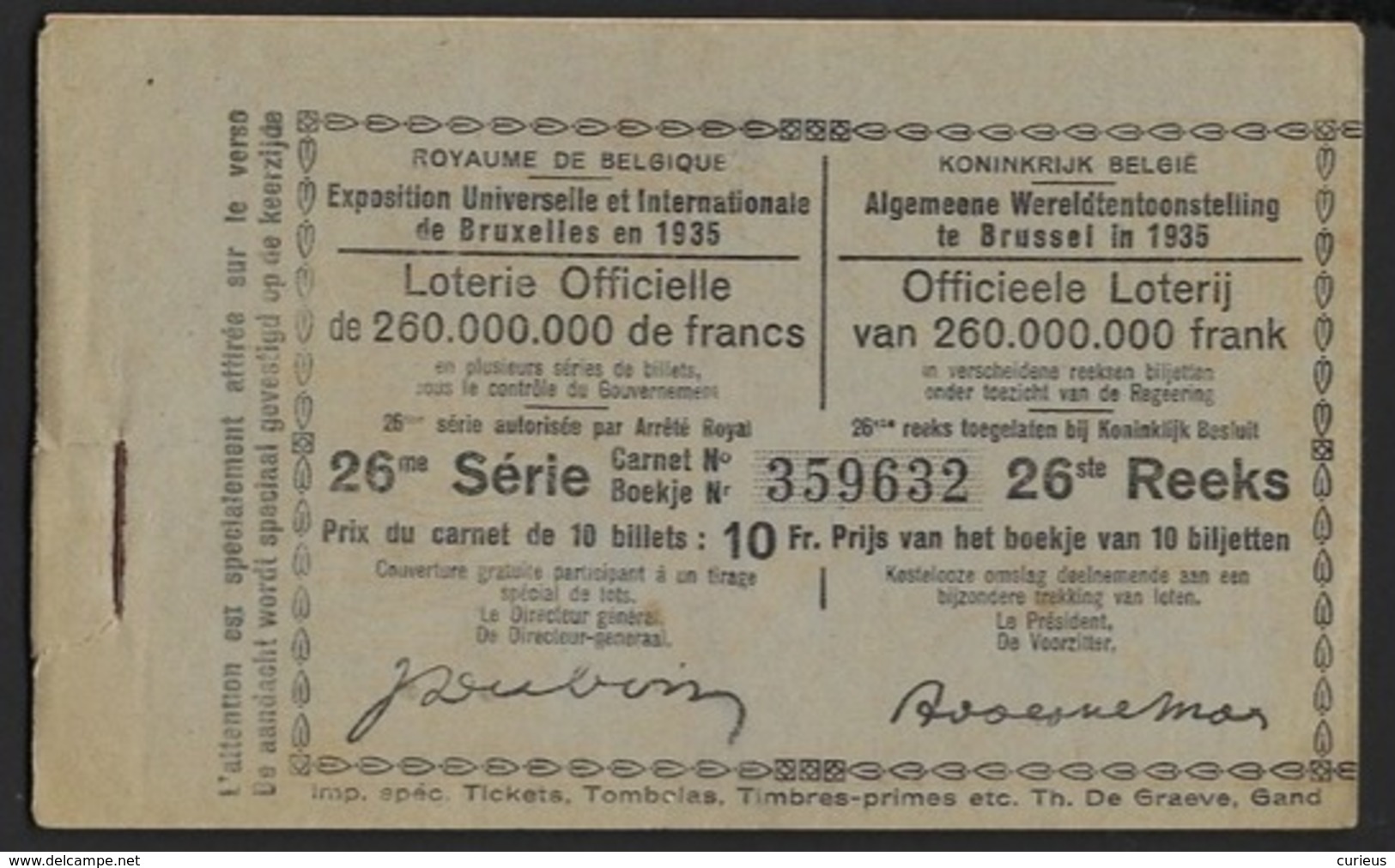 BELGIQUE LOTERIE OFFICIELLE * BELGIE OFFICIËLE LOTERIJ * EXPO BRUXELLES 1935 * CARNET COMPLET * COMPLEET BOEKJE - Lotterielose