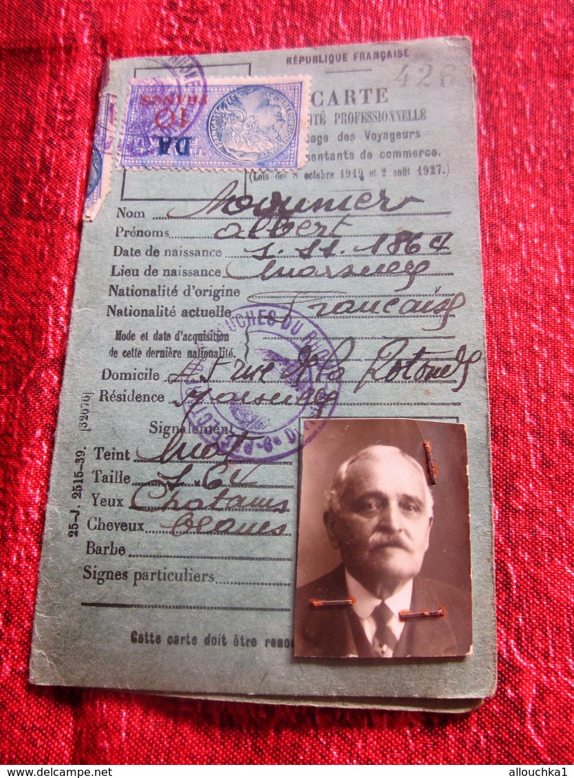 1941 CARTE IDENTITÉ PROFESSIONNELLE VOYAGEURS REPRÉSENTANT COMMERCE TITRE DE TRANSPORT 2 TIMBRE FISCAL DA - Historische Dokumente