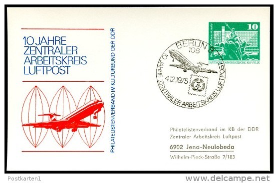 DDR PP16 B1/003b Privat-Postkarte ARBEITSKREIS LUFTPOST Berlin Sost. 1975  NGK 5,00 € - Cartes Postales Privées - Oblitérées
