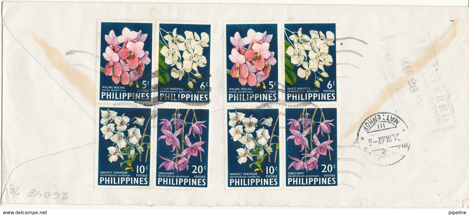 Philippines Registered Cover Sent To Switzerland Manila 28-3-1962 With A Lot Of Topic FLOWERS Stamps In Block Of 4 Also - Philippines