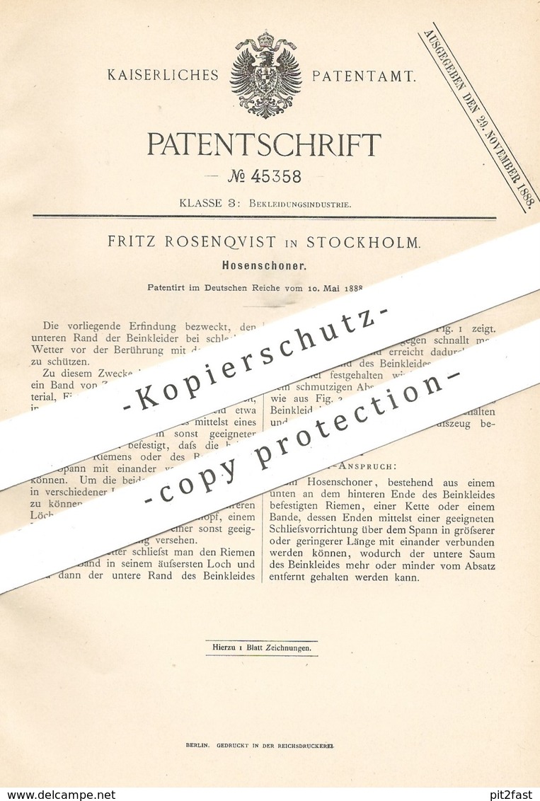 Original Patent - Fritz Rosenqvist , Stockholm , Schweden , 1888 , Hosenschoner | Hose , Hosen , Schneider , Schneiderei - Historische Dokumente