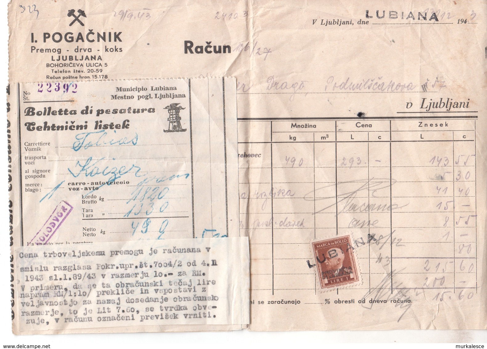 5404  LUBIANA  ITALIEN -DEUTSCH BESETZUNG  LUBIANA   1943 - Duitse Bez.: Ljubljana