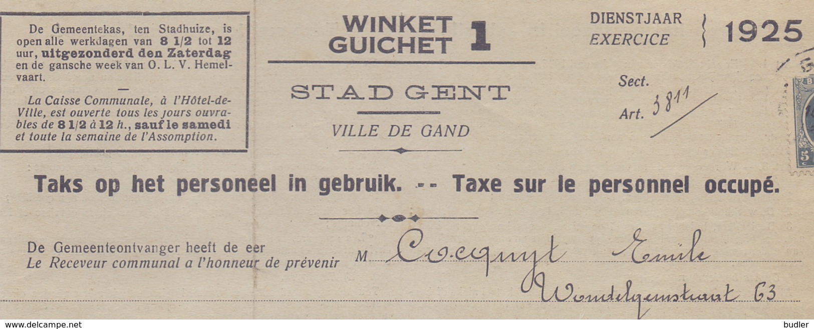 1925: Stad GENT / Ville De Gand : ## Taks Op Het Personeel In Gebruik / Taxe Sur Le Personnel Occupé ##  Aan / à ... - 1900 – 1949