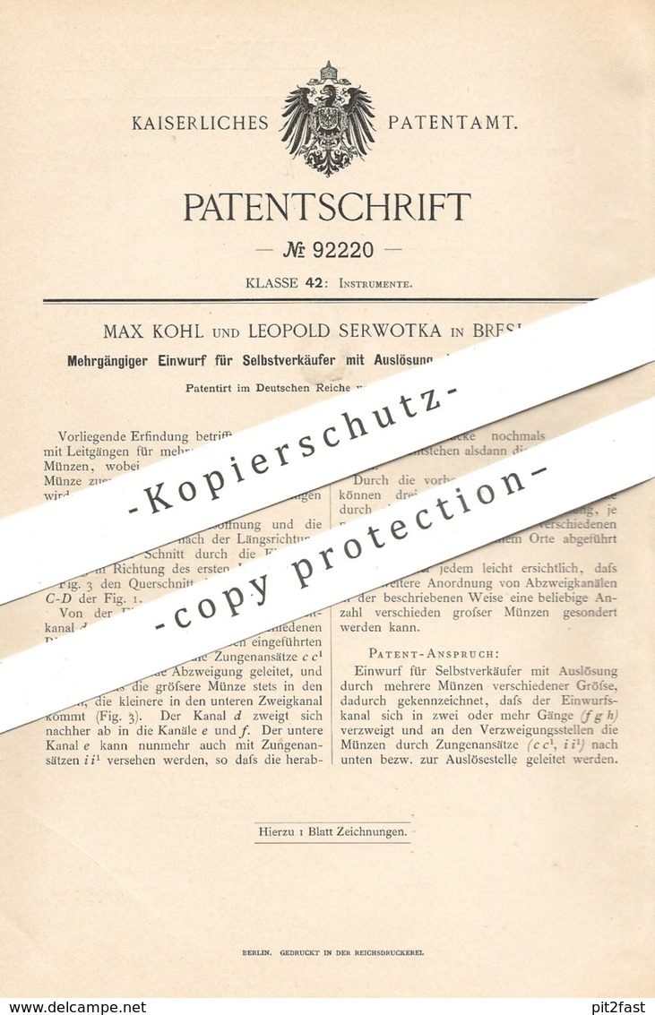 Original Patent - Max Kohl , Leopold Serwotka , Breslau , 1896 , Selbstverkäufer Mit Münzeinwurf | Automat !! - Historical Documents